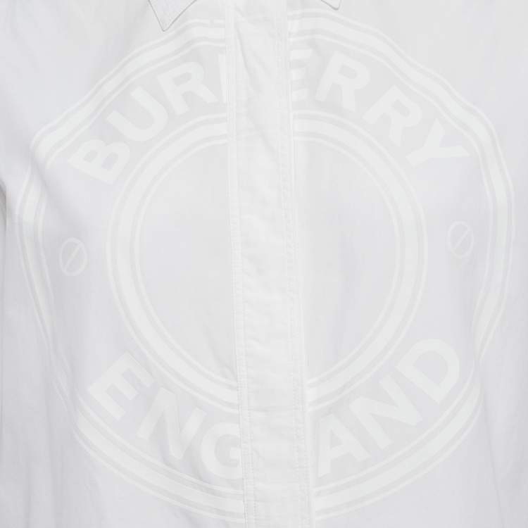 Pre Owned Burberry White Logo Print Cotton Oversized Shirt XS