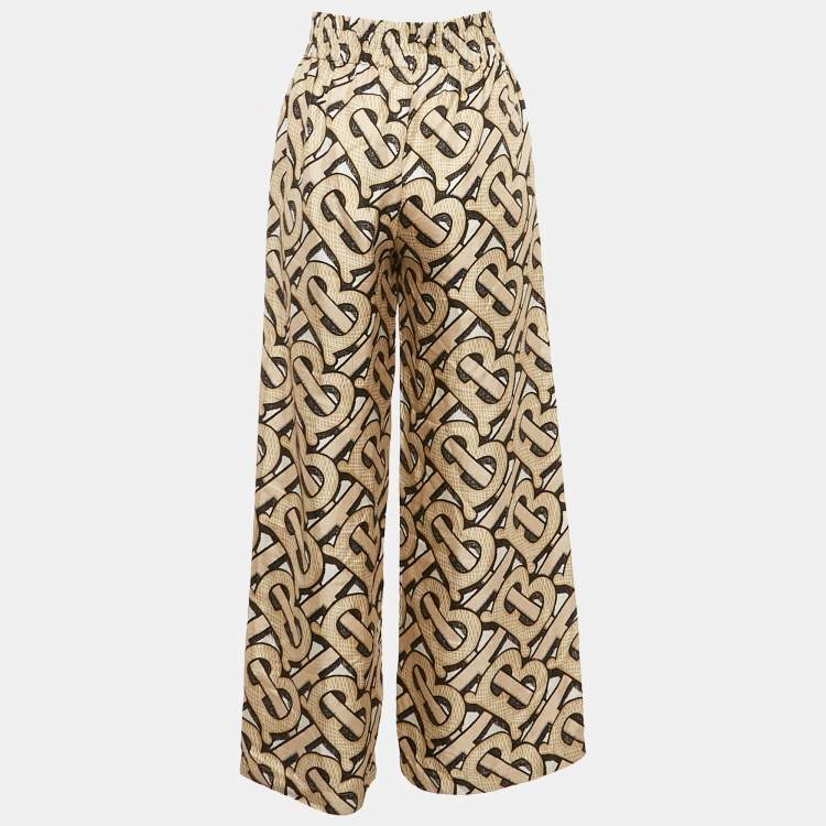 Pre Owned Burberry Beige Monogram Print Silk Trousers XS