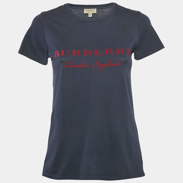 Pre Owned Burberry Blue/Red Cotton Crew Neck T-Shirt XS 