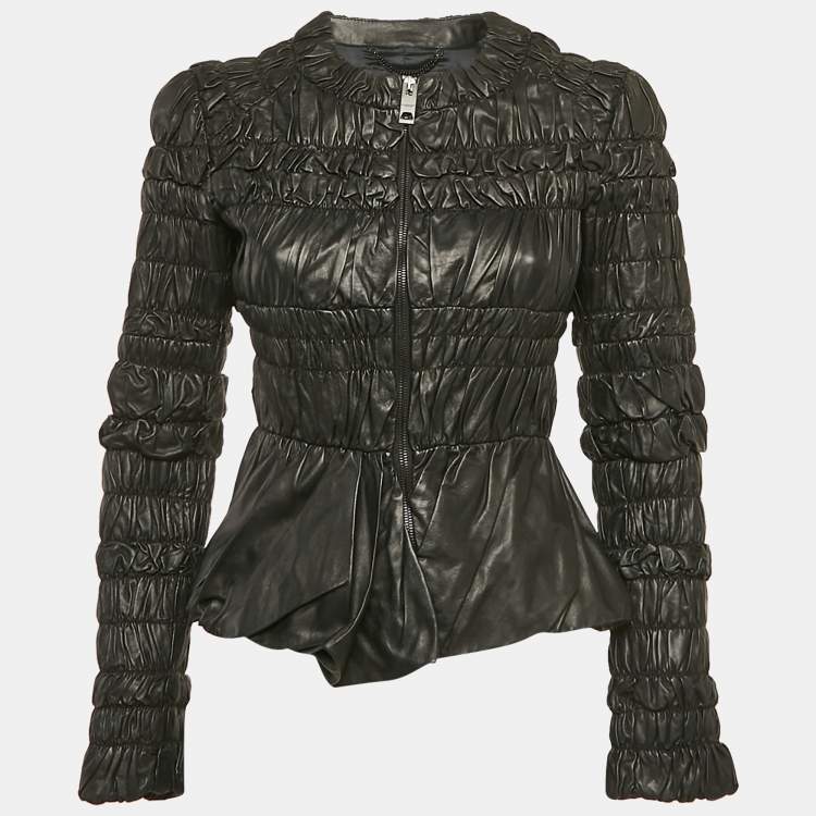Pre Owned Burberry Black Leather Ruched Zip-Up Jacket S