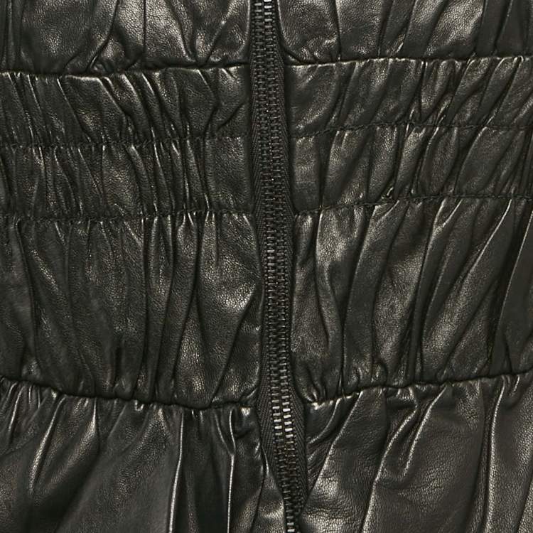 Pre Owned Burberry Black Leather Ruched Zip-Up Jacket S