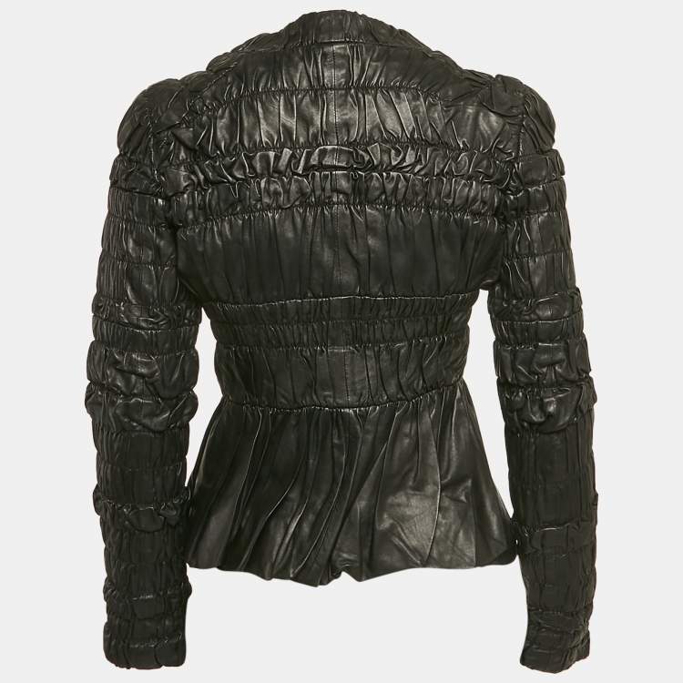 Pre Owned Burberry Black Leather Ruched Zip-Up Jacket S