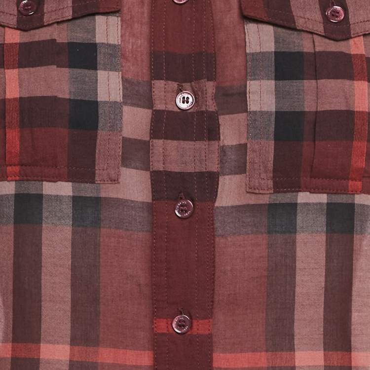 Pre Owned Burberry Burgundy Checks Cotton Half Placket Shirt S