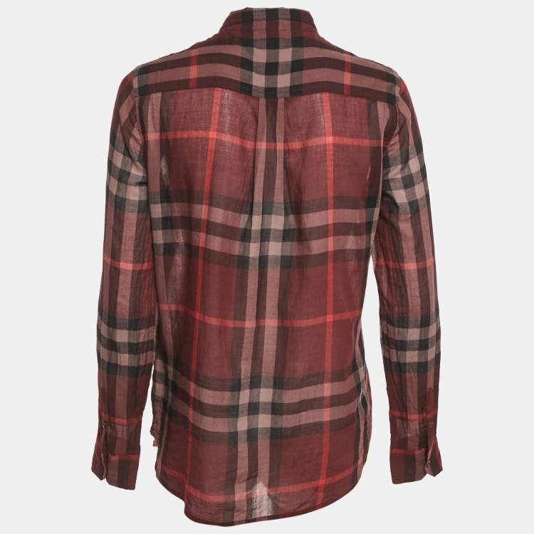 Pre Owned Burberry Burgundy Checks Cotton Half Placket Shirt S