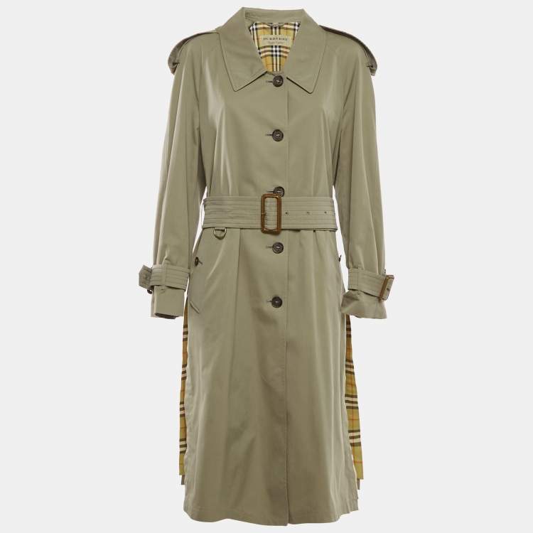Pre Owned Burberry Green Gabardine Belted Long Coat L