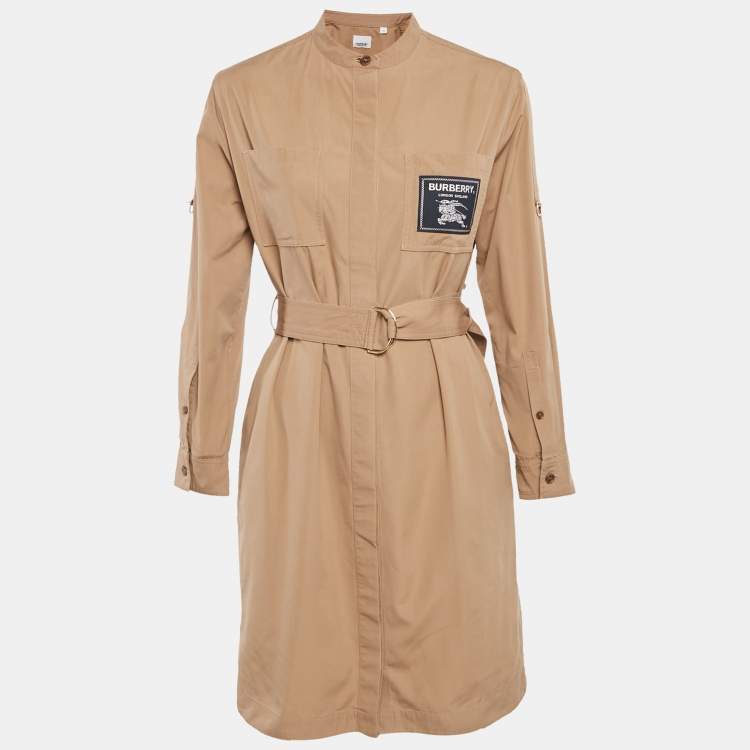Pre Owned Burberry Brown Cotton Label Detail Button Front Belted Short Dress XS