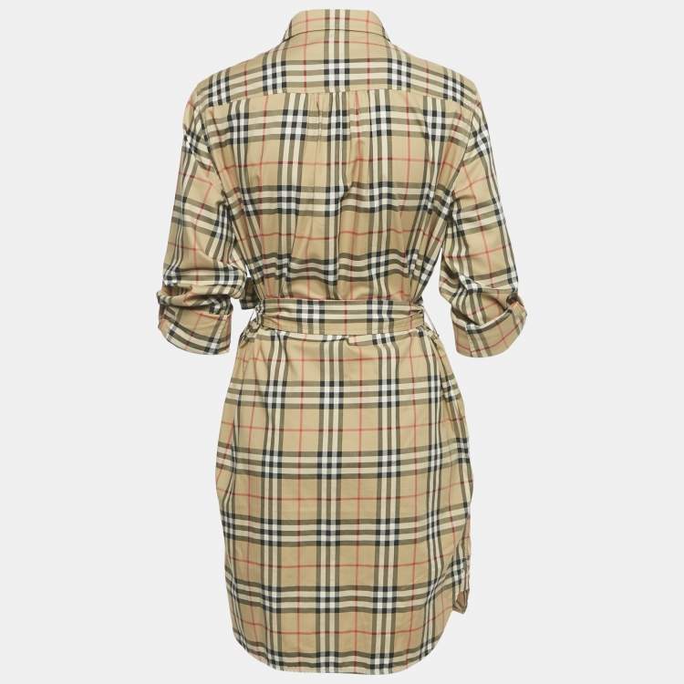 Pre Owned Burberry Beige Tartan Check Cotton Button Front Belted Short Dress M