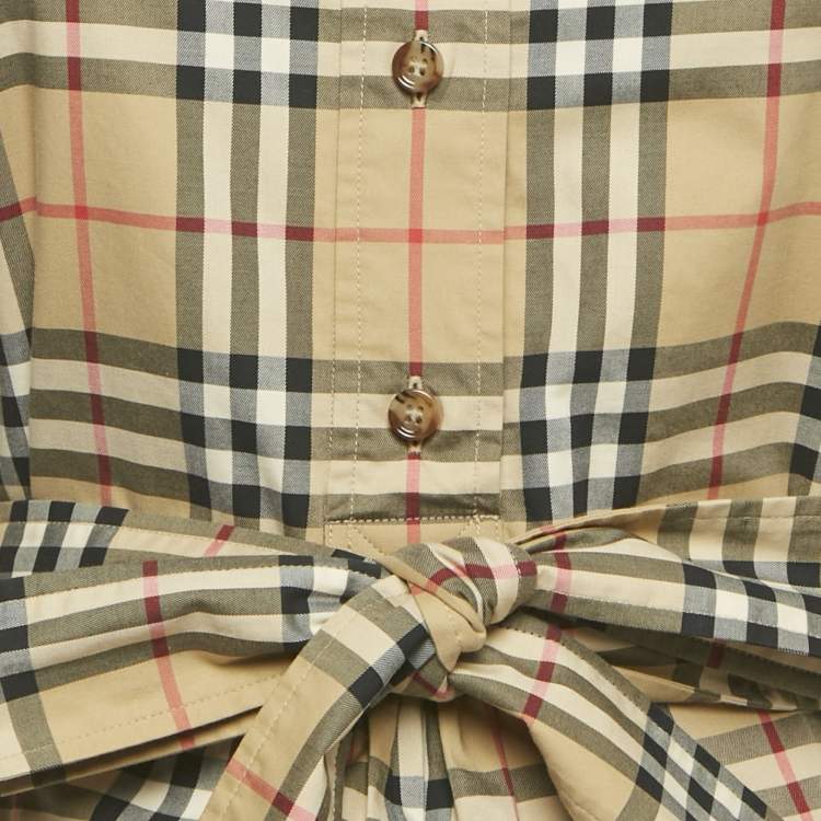 Pre Owned Burberry Beige Tartan Check Cotton Button Front Belted Short Dress M