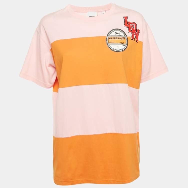 Pre Owned Burberry Pink/Orange Logo Applique Cotton Crew Neck T- Shirt S