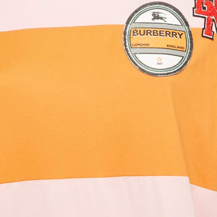 Pre Owned Burberry Pink/Orange Logo Applique Cotton Crew Neck T- Shirt S