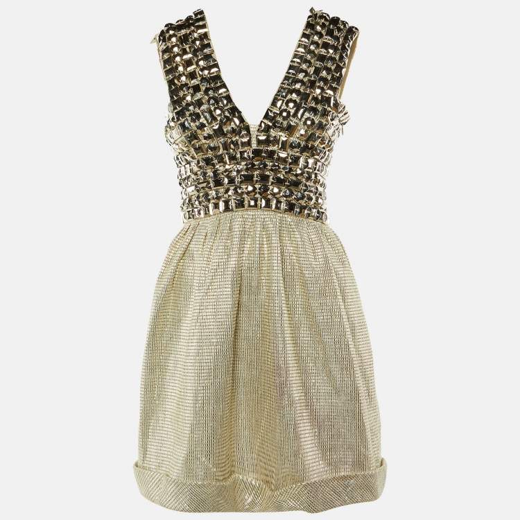 Pre Owned Burberry Metallic Studded Cotton Lurex V-Neck Mini Dress S
