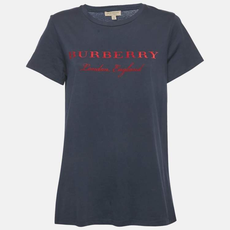 Pre Owned Burberry Navy Blue/Red Logo Flocked Jersey T-Shirt XL