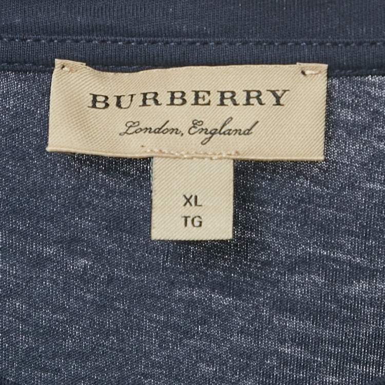 Pre Owned Burberry Navy Blue/Red Logo Flocked Jersey T-Shirt XL