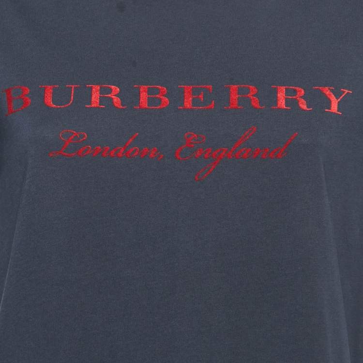 Pre Owned Burberry Navy Blue/Red Logo Flocked Jersey T-Shirt XL
