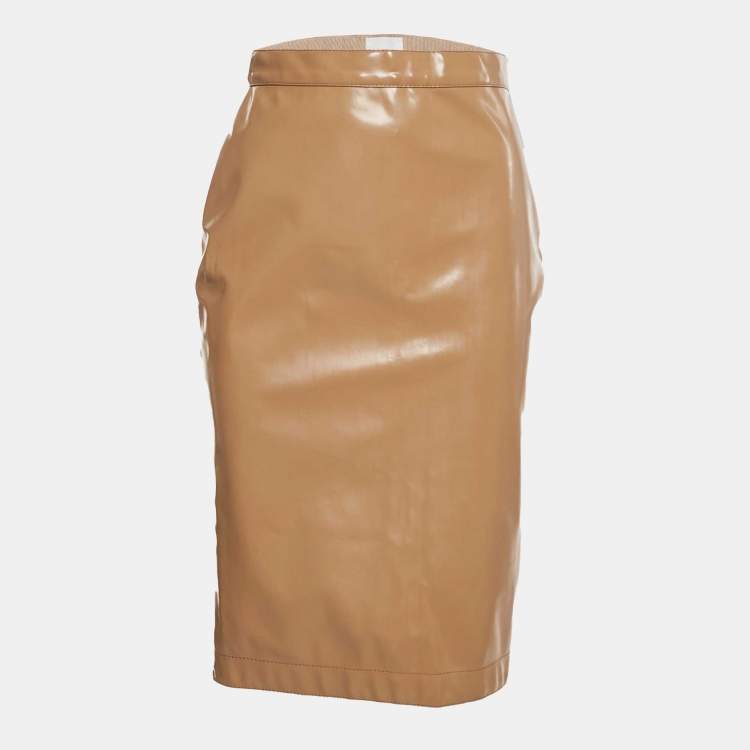Pre Owned Burberry Beige Synthetic Split Hem Pencil Skirt S 