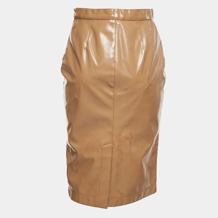 Pre Owned Burberry Beige Synthetic Split Hem Pencil Skirt S 