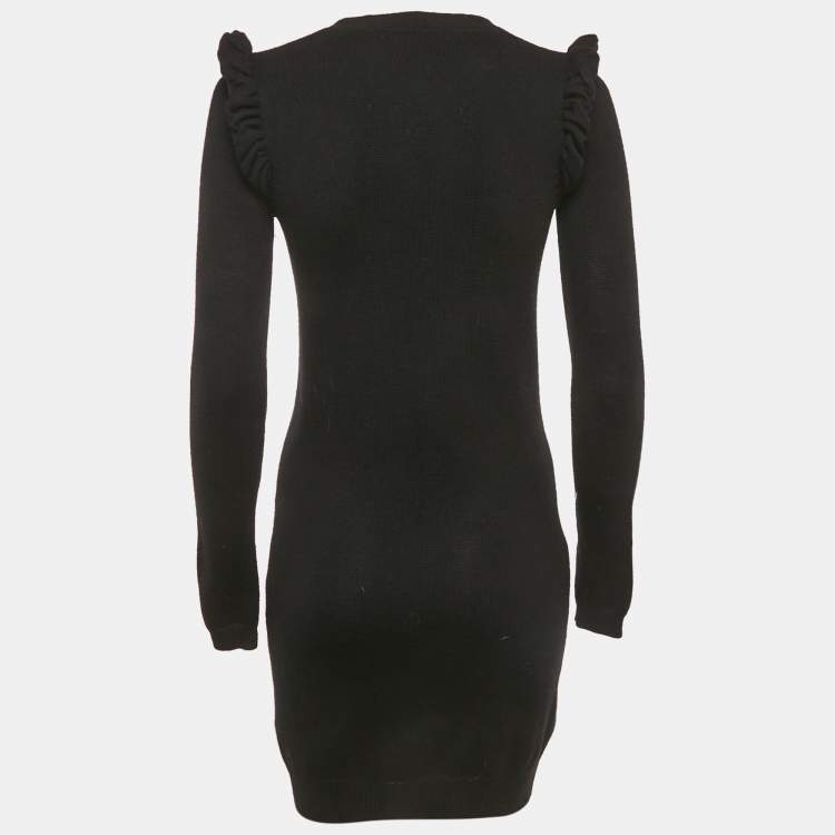 Pre Owned Burberry Black Rib Knit Wool Ruffled Sweater Dress XS