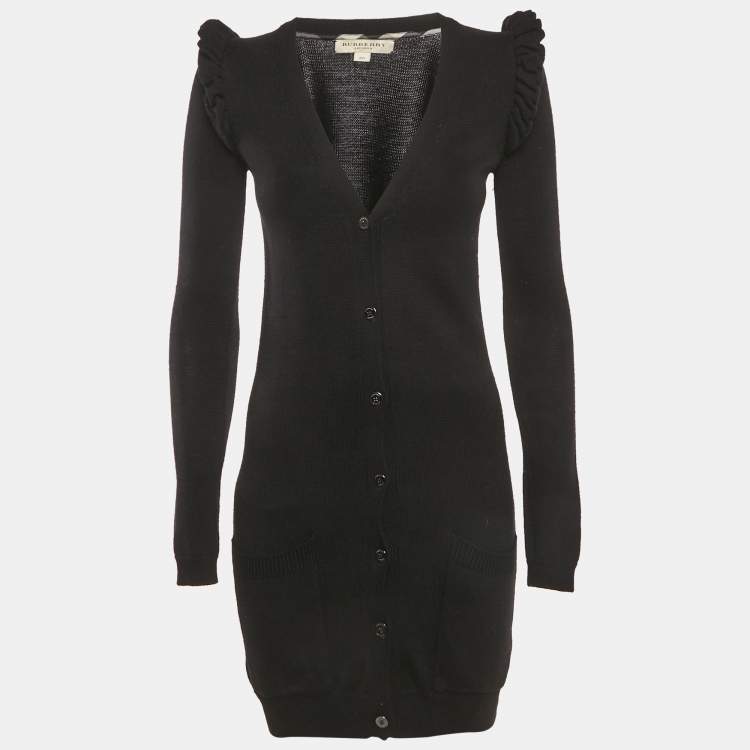 Pre Owned Burberry Black Rib Knit Wool Ruffled Sweater Dress XS