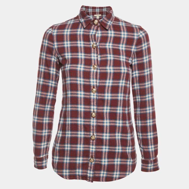 Pre Owned Burberry Burgundy Checks Cotton Long Sleeve Shirt XS