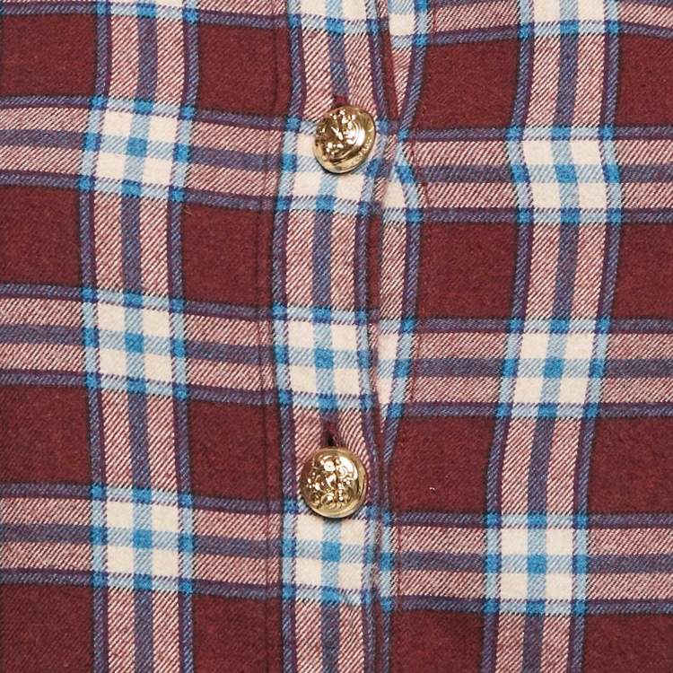 Pre Owned Burberry Burgundy Checks Cotton Long Sleeve Shirt XS