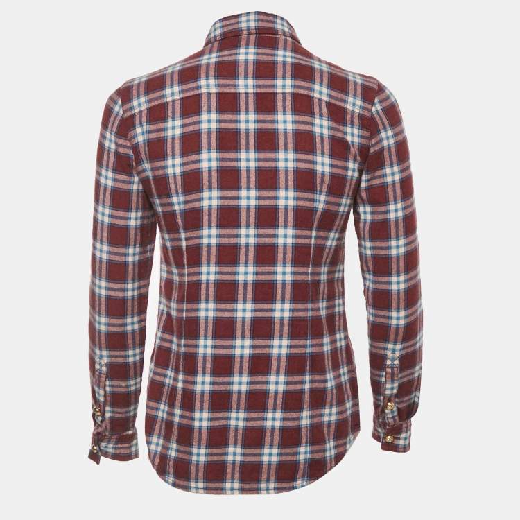 Pre Owned Burberry Burgundy Checks Cotton Long Sleeve Shirt XS
