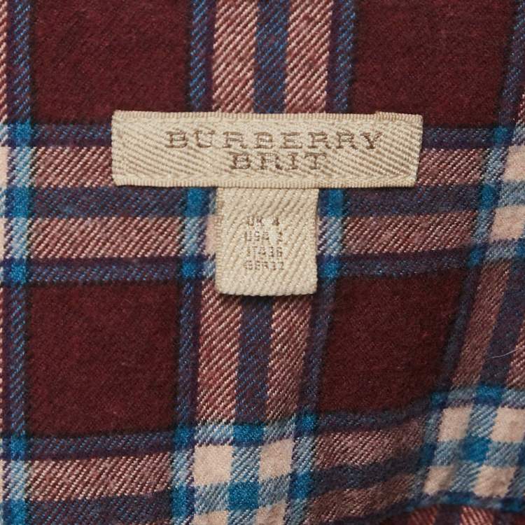 Pre Owned Burberry Burgundy Checks Cotton Long Sleeve Shirt XS