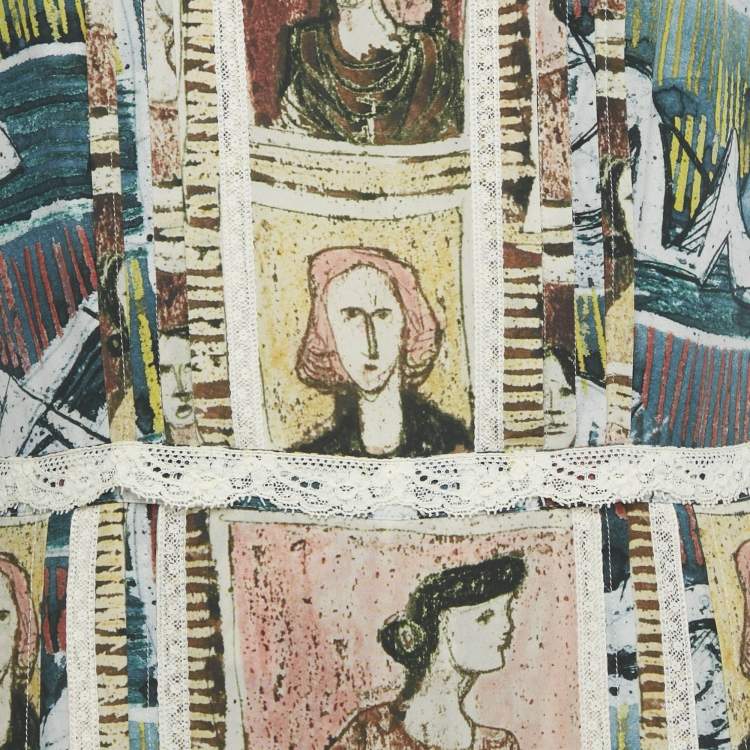 Pre Owned Burberry Multicolor Framed Heads Print Silk Lace Trim Maxi Dress M