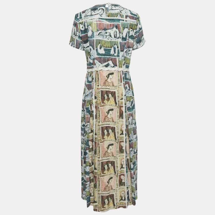 Pre Owned Burberry Multicolor Framed Heads Print Silk Lace Trim Maxi Dress M