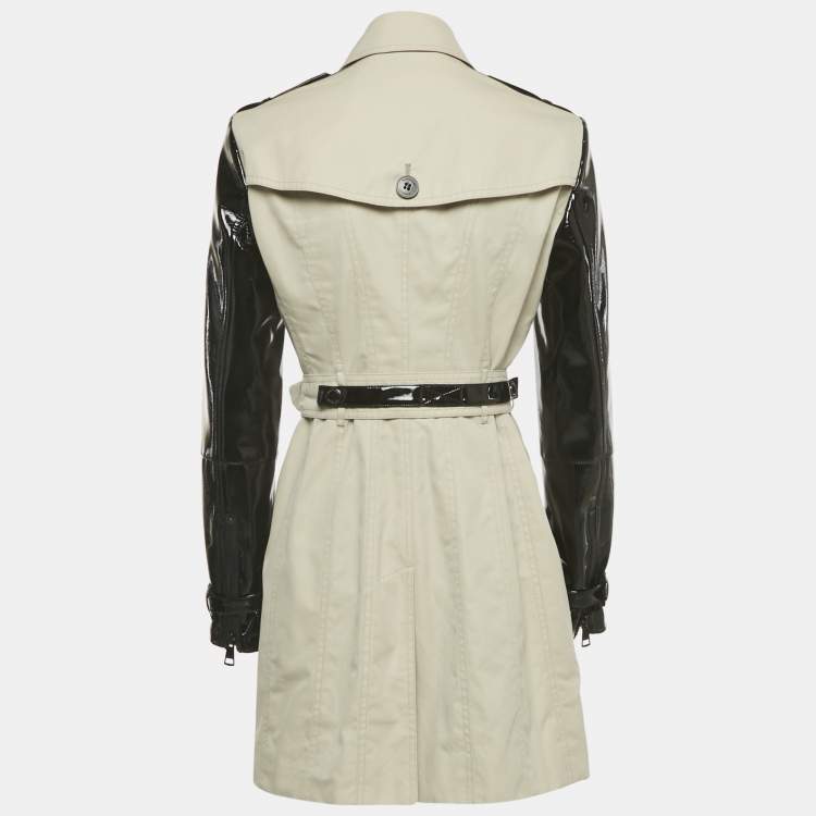 Pre Owned Burberry Beige/Black Gabardine and Faux Leather Short Trench Coat M