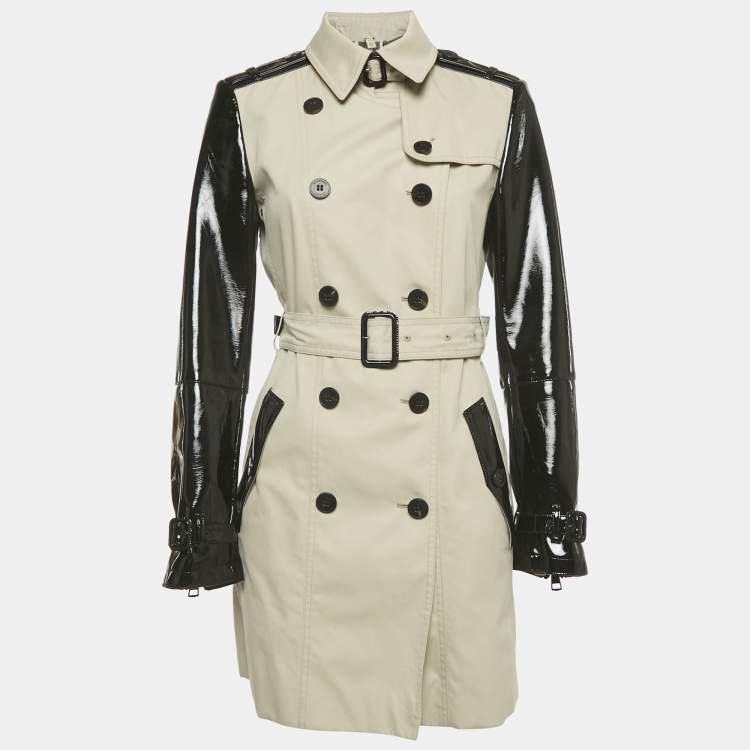 Pre Owned Burberry Beige/Black Gabardine and Faux Leather Short Trench Coat M