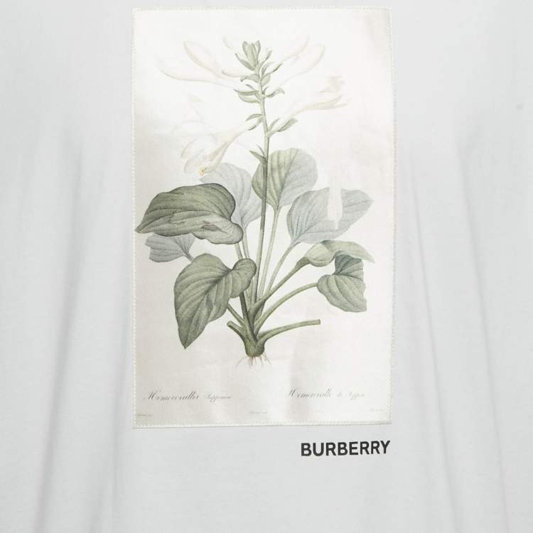 Pre Owned Burberry White Botanical Sketch Print Applique Cotton T-Shirt XL