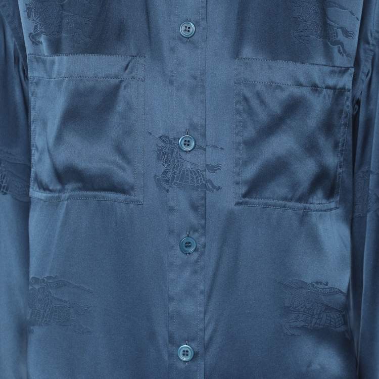 Pre Owned Burberry Midnight Blue Satin Logo Long Sleeve Shirt S