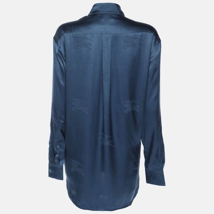 Pre Owned Burberry Midnight Blue Satin Logo Long Sleeve Shirt S