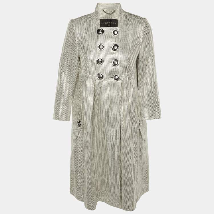 Pre Owned Burberry Silver Lurex Detail Double Breasted Coat M