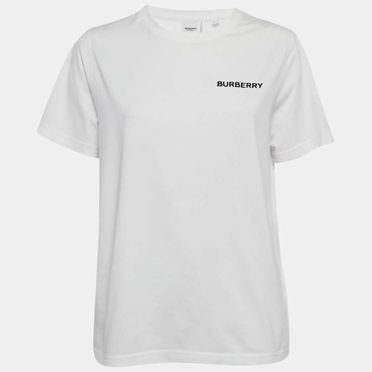 Pre Owned Burberry White Logo Embroidered Cotton Crew Neck T-Shirt S 