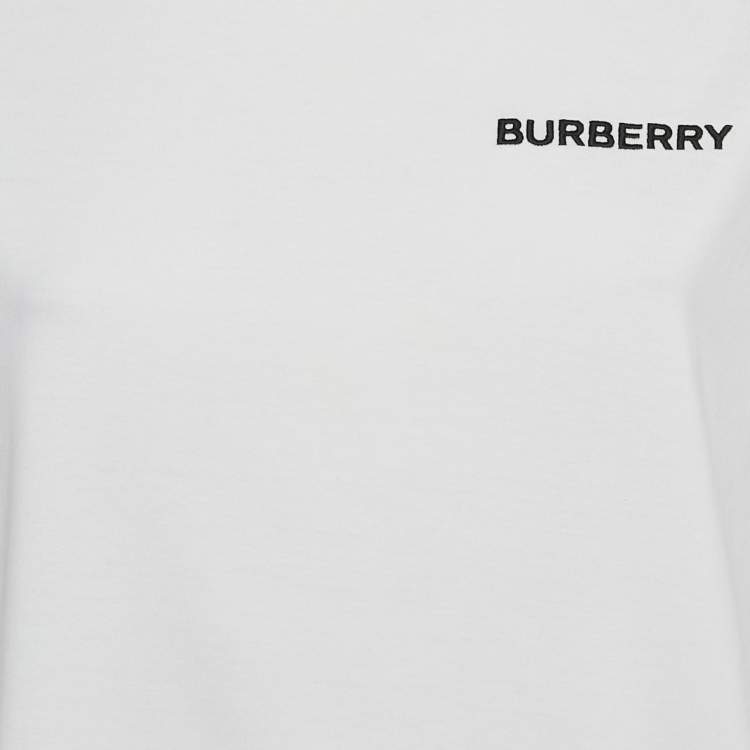 Pre Owned Burberry White Logo Embroidered Cotton Crew Neck T-Shirt S 