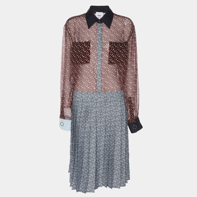 Pre Owned Burberry Red/Blue Monogram Print Chiffon Shirt Dress S