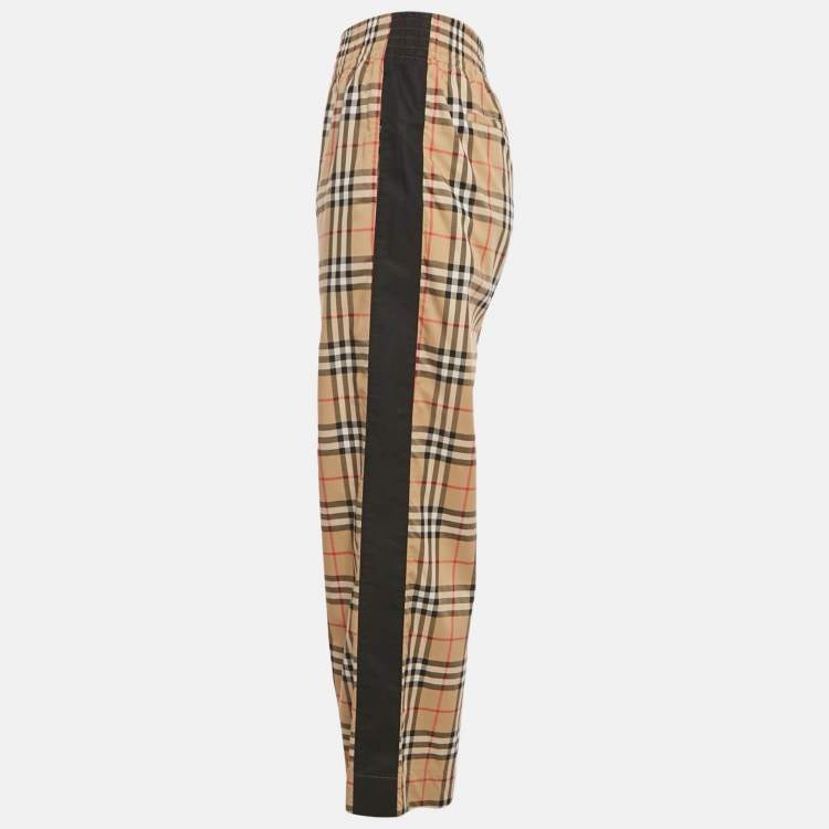 Pre Owned Burberry Beige Check Print Cotton Contrast Side Trim Louane Trousers XS