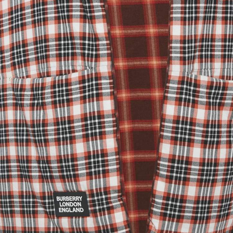 Pre Owned Burberry Red Tartan Cotton Reversible Hooded Puffer Poncho One Size   