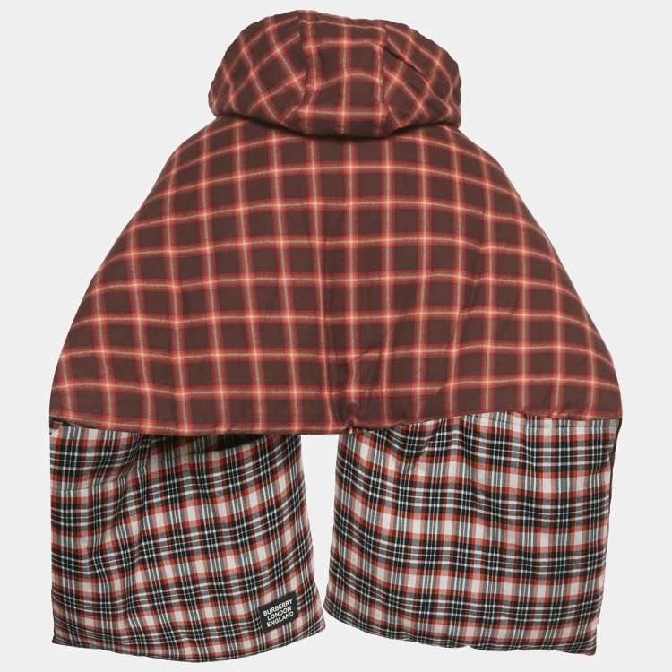 Pre Owned Burberry Red Tartan Cotton Reversible Hooded Puffer Poncho One Size   