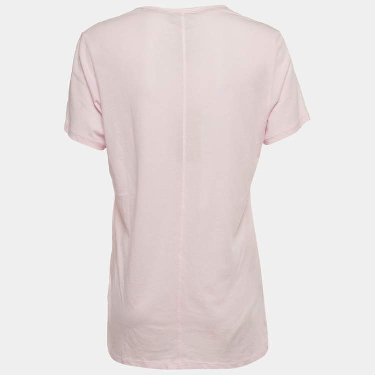 Pre Owned Burberry Pink Logo Embroidered Cotton V-Neck T-Shirt L