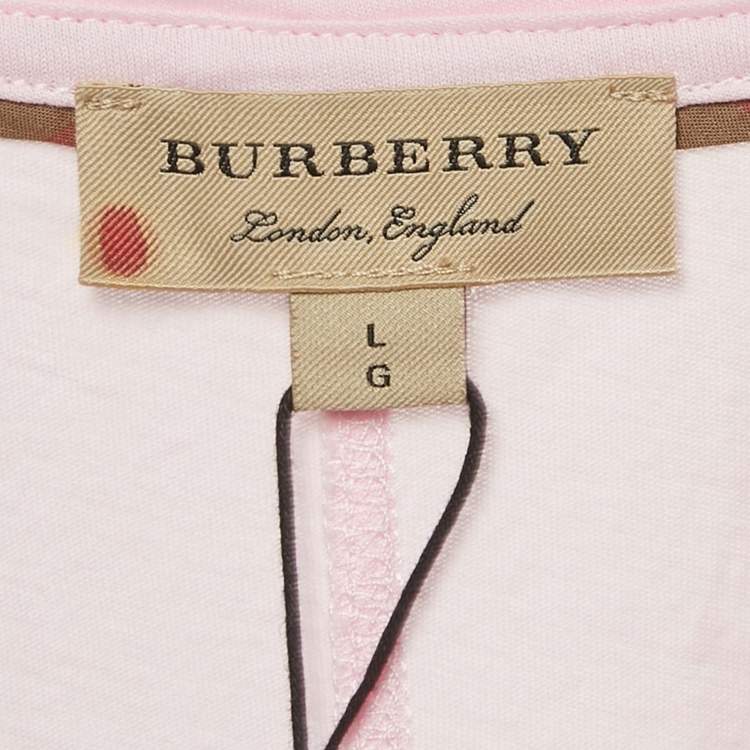 Pre Owned Burberry Pink Logo Embroidered Cotton V-Neck T-Shirt L