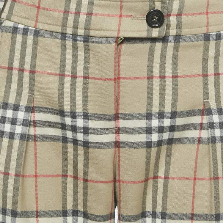 Pre Owned Burberry Beige Check Print Wool Wide Leg Trousers S
