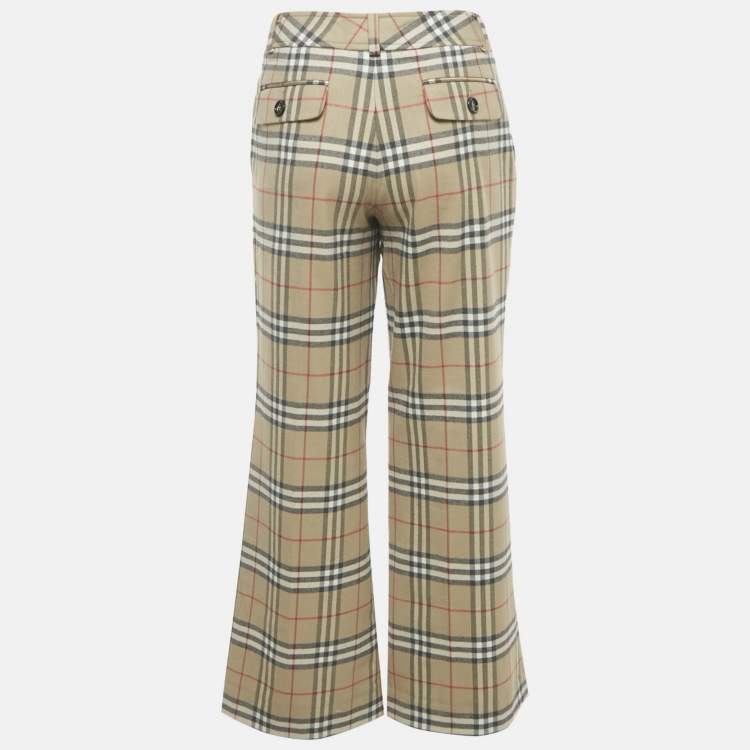 Pre Owned Burberry Beige Check Print Wool Wide Leg Trousers S