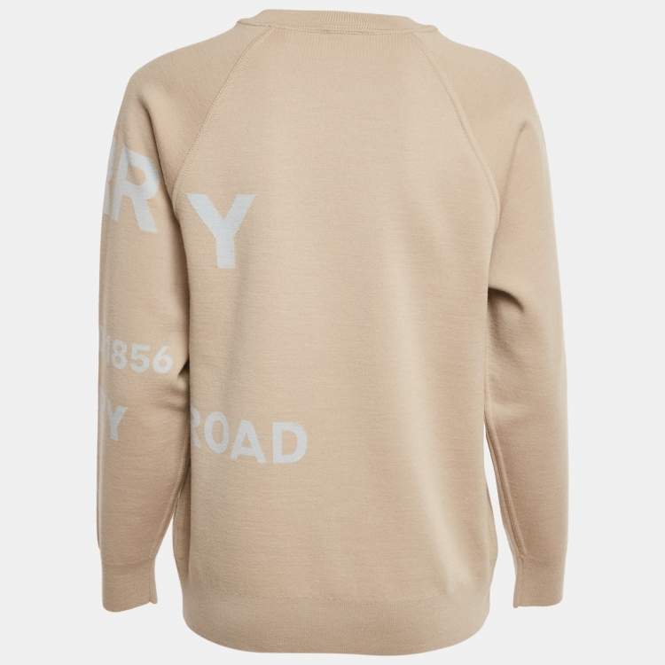 Pre Owned Burberry Beige Logo Print Wool Crewneck Sweater S