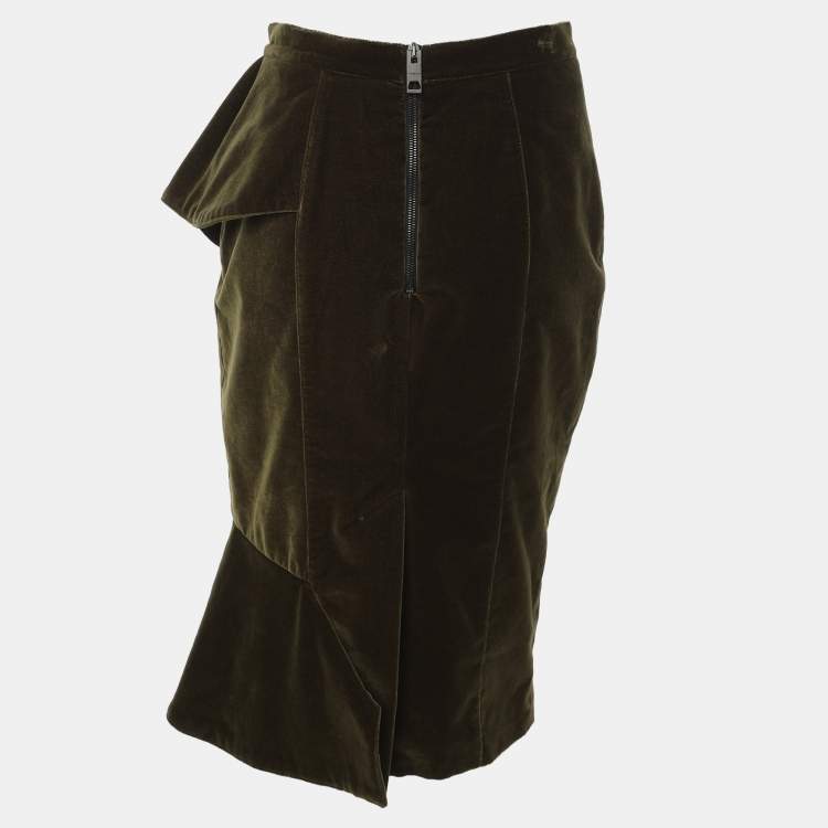 Pre Owned Burberry Green Velvet Ruffle Pencil Skirt S