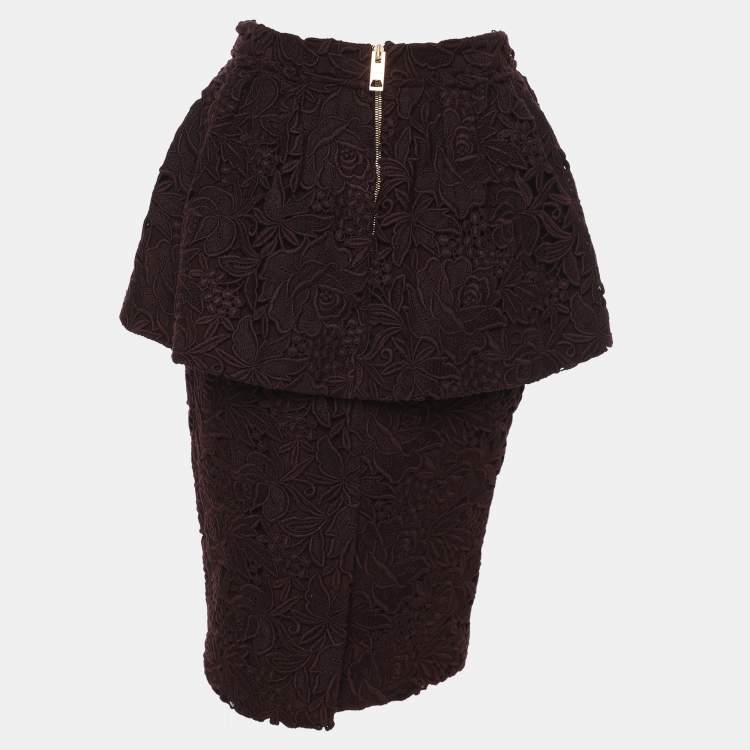 Pre Owned Burberry Burgundy Lace Pencil Skirt S