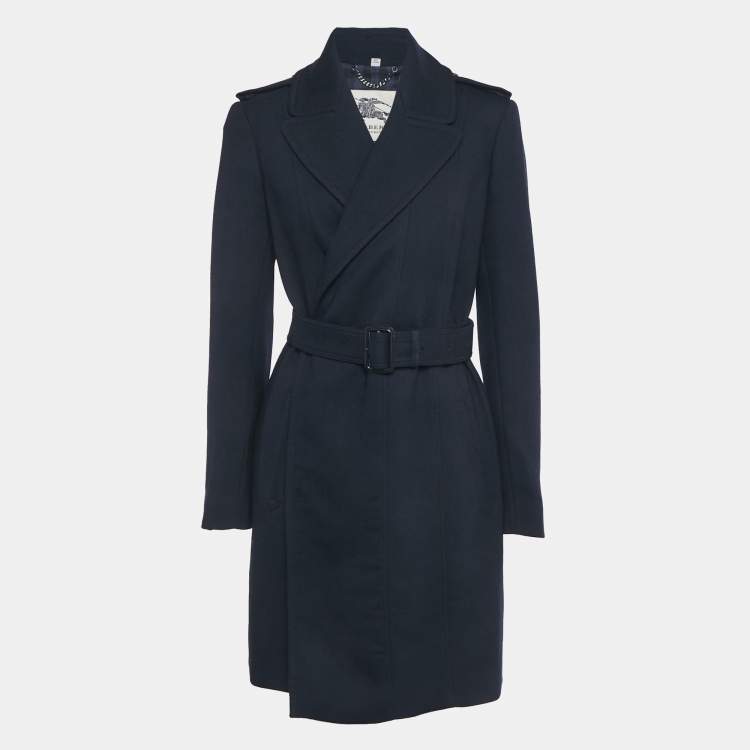 Pre Owned Burberry Navy Blue Crepe & Wool Mid Length Coat M