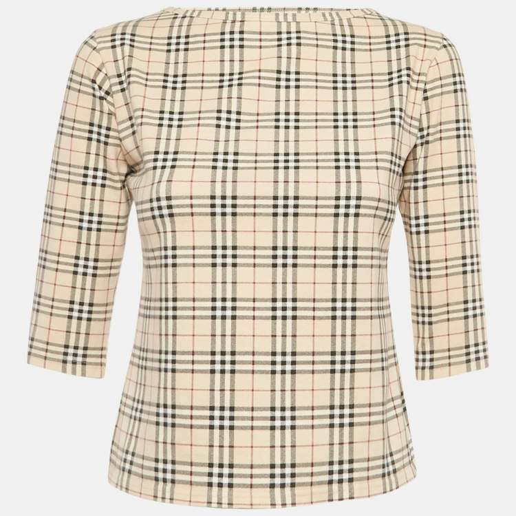 Pre Owned Burberry Beige Checks Jersey Long Sleeve Top M