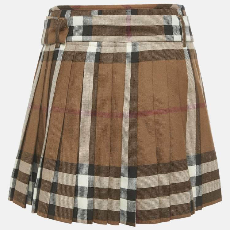 مملوكة مسبقًا Burberry Brown Checks Wool Pleated Wrap Mini Skirt S